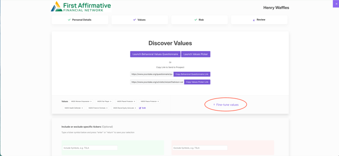 VADIS workflow Step 2 Values
